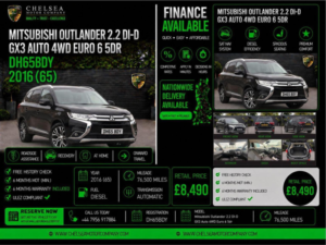 2016 Mitsubishi Outlander 2.2 Di-D Gx3 Auto 4WD Euro 6 5dr in Black — image 2